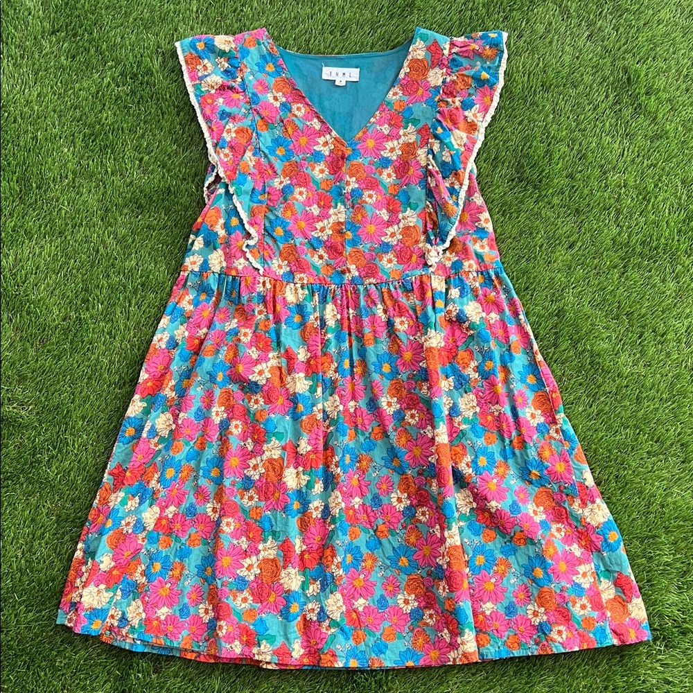 THML Floral V-Neck Mini Dress with Ruffle Details & Mini Button Accents Size M